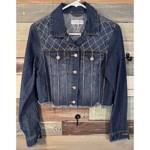 Dark Blue Embellished Cropped Denim Jacket - Designer Brand